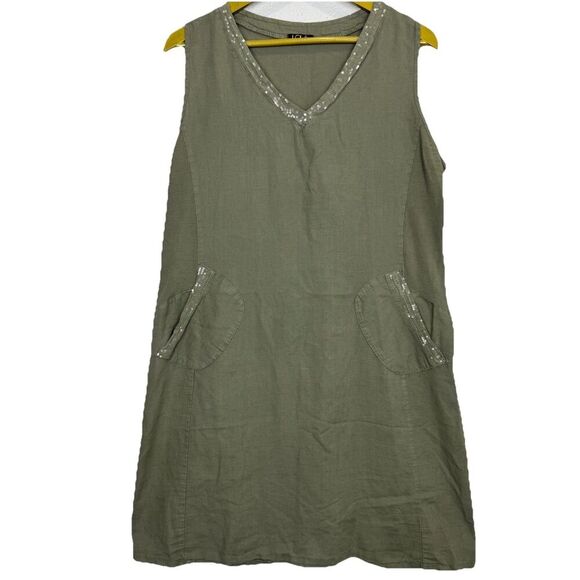 Made In Italy Linen Blend Midi Dress Size M Green Boho Lagenlook Sequins Pockets - Picture 1 of 6